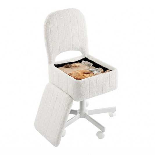 Garvee Small Vanity Stool Chair with Storage and Folding Back, Height Adjustable Lift Ottoman with 360° Swivel and Quiet Wheels, Soft Teddy Fleece Seat Stool for Makeup Bedroom Office, White