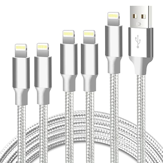 cugunu iPhone Charger, 5 Pack 3/3/6/6/10FT Apple MFi Certified USB Lightning Cable Nylon Braided Fast Charging Cord Compatible for iPhone 14/13/12/11/X/Max/8/7/6/5/SE/Plus/iPad - Silver