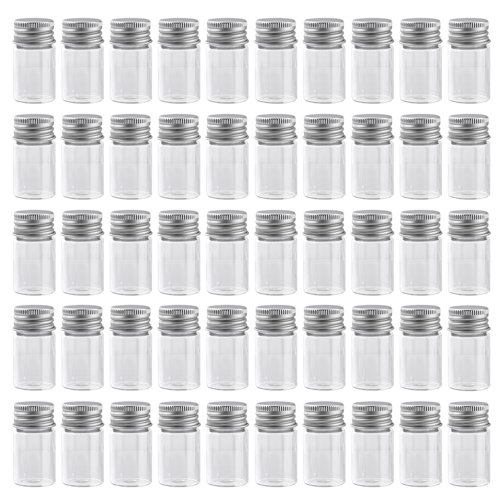 DELORIGIN 50 PCS Mini Glass Bottles 8ml/0.3oz Tiny Glass Vials with Screw Aluminum Cap Leak Proof Clear Empty Lab Jars Containers Sample Vials with Lids for DIY Craft Essential Oil Small Items Storage