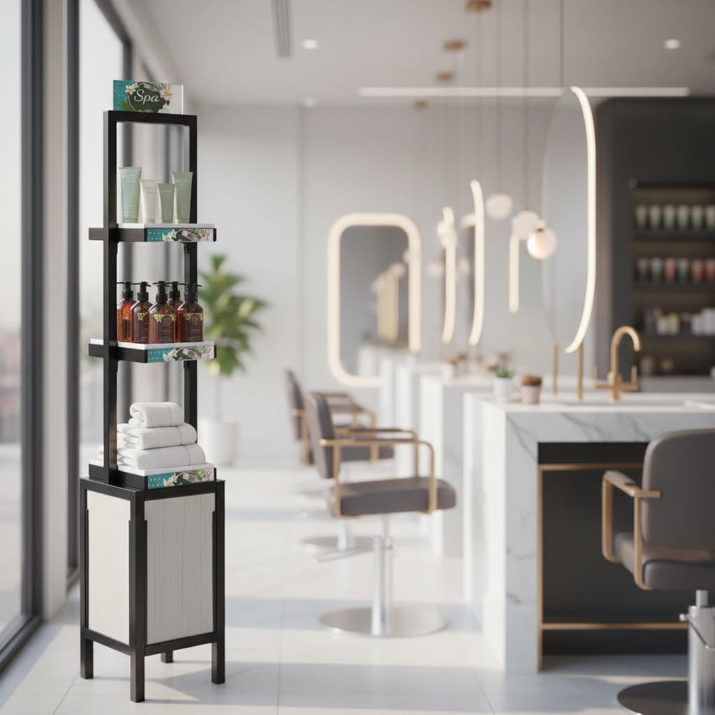 Azar Displays, 655000, Retail Display Tower with 3 Tiers, Tall Cosmetic Shelves, Beauty Display Stand for Salon Retail Products with Signage, No Tools Required, 5 Ft Height, Black Steel