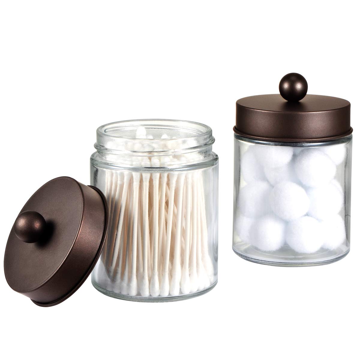 Amolliar 4 Pc Glass Apothecary Jars - Countertop Qtip Dispenser Holder with Stainless Steel Lids&Cute Stickers -Bathroom Vanity Storage Organizer Set for Qtips,Cotton Swabs/Rounds (Bronze)