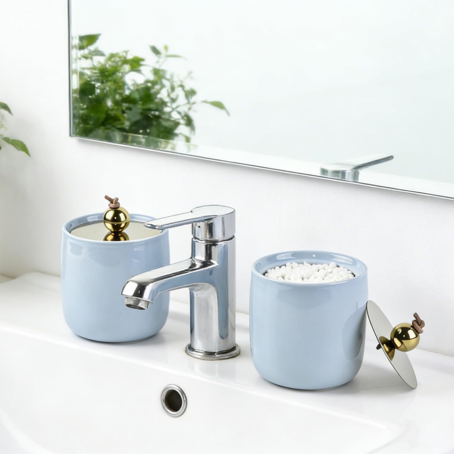 2 Pack Ceramic Qtip Holder Dispenser with Gold Lids, Blue Apothecary Jars Bathroom Vanity Organizer for Home Decor Bathroom Canister for Cotton Swabs, Rounds, Balls, Makeup Sponges, Bath Salts