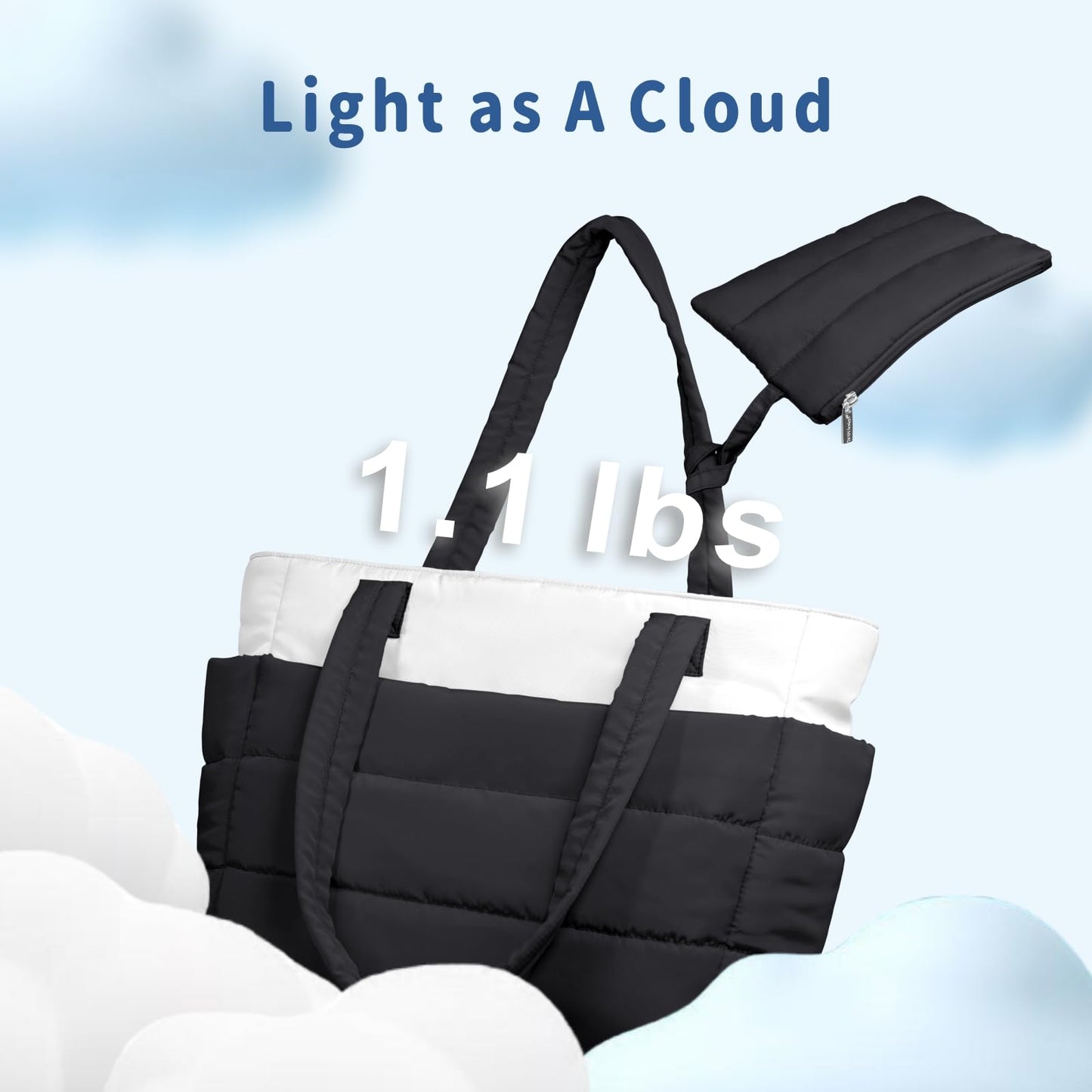 TOPDesign Puffer Tote Bag for Women, Lightweight Puffy Handbag with Compartments & Cosmetic Bag, Quilted Shoulder Bags for Work, Travel, Gym, Gifting (M Black/White)