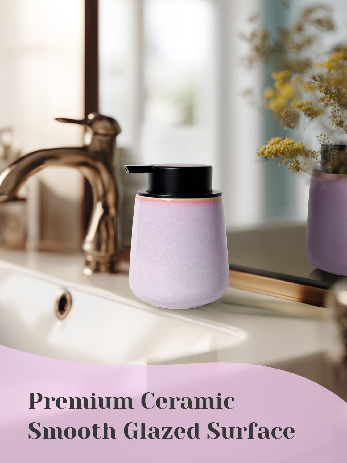 INGOFIN Ceramic Lotion Dispenser - 12 oz Hand Soap Dispenser Bathroom, Modern Liquid Dispenser with Pump, Refillable Dish Soap Bottle for Kitchen -Purple and Pink