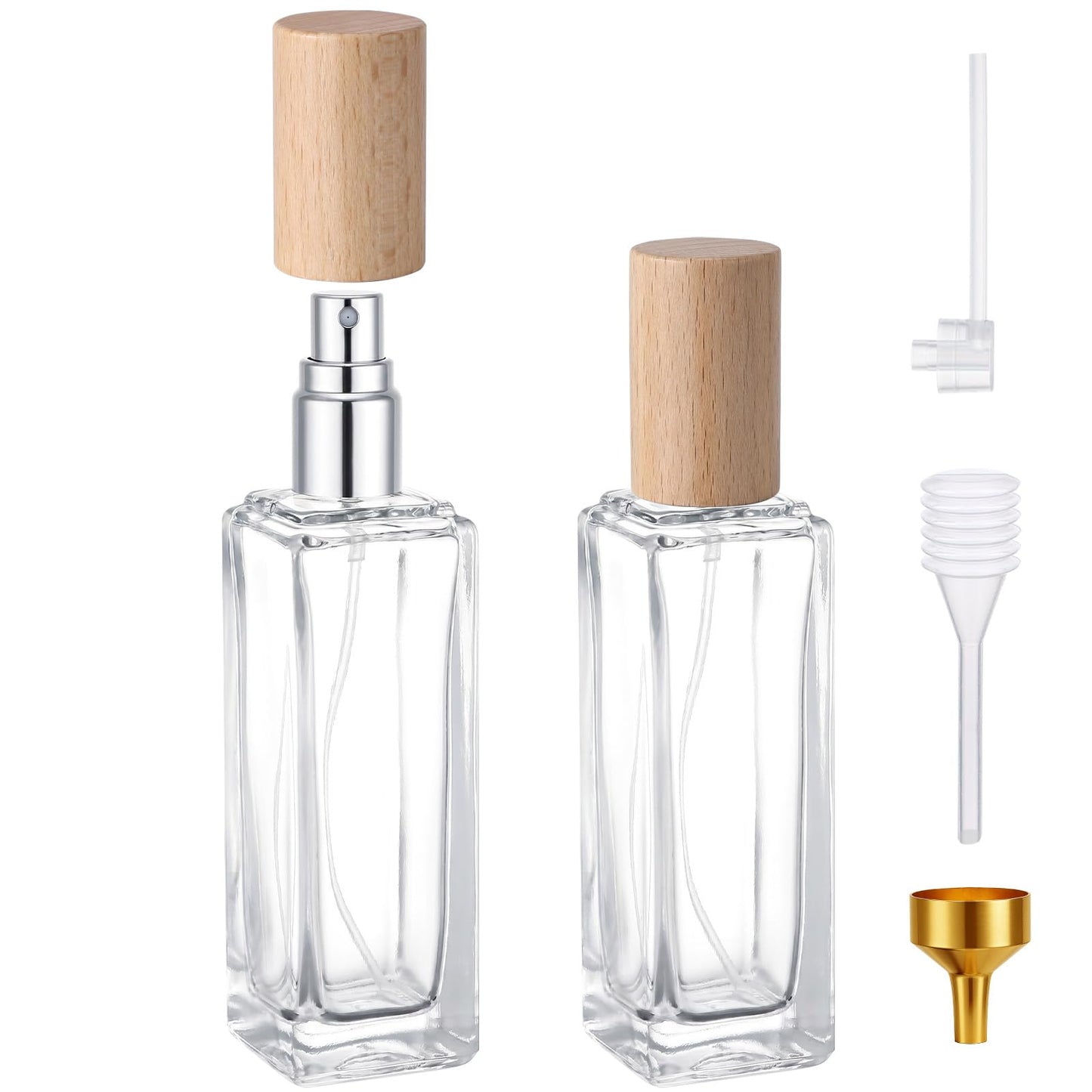 Segbeauty 1oz Clear Glass Perfume Sprayer for Travel, 2pcs Light Wooden Cap Perfume Spray Bottle Refillable, 30ml Fine Mist Travel Cologne Atomizer with Refill Tool, Cosmetic Liquids Toner Container