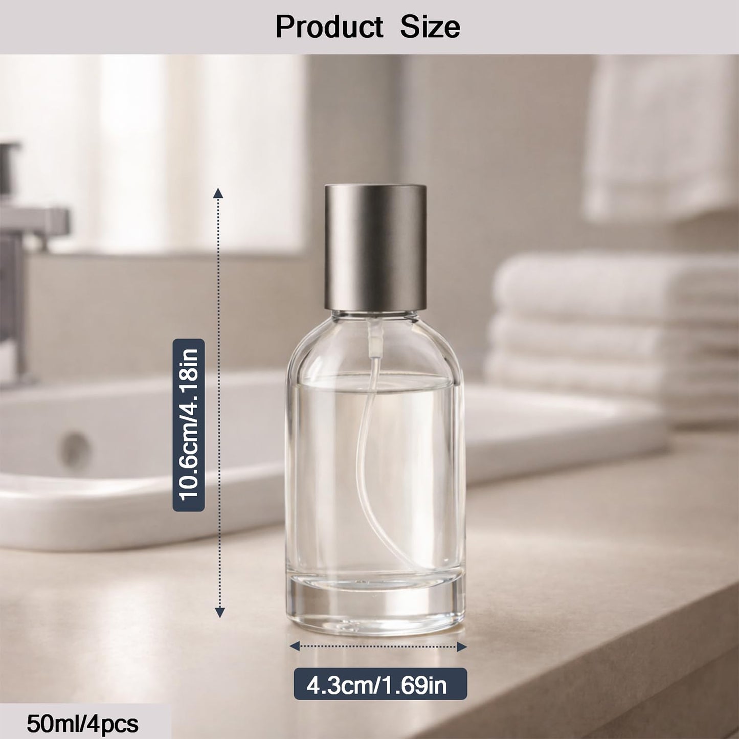 ROHIJALE 50ml/1.7oz Clear Glass Spray Bottles 4 Pack, Refillable Fine Mist Perfume Bottles with Silver Caps, Empty Atomizer Spray Bottle for Essential Oils, Travel Cosmetic Container,Facial Mist