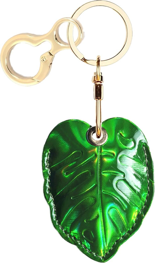 Shiny Leather Charm Keychain Holder Case Compatible with AirTag,Cute Protective Cover with Keyring,Anti-Scratch Finder GPS Tracker Case for Wallet Keys,Bag,Pets(Small Leaves)