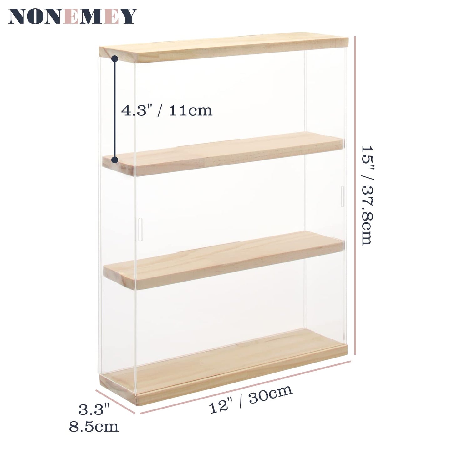 NONEMEY Clear Acrylic Display Case Stand with Wood Base 3 Tier Storage Box Wall Mount Showcase Dustproof Organizer Box for Collectibles (3Tier 12×3.3×15inch)