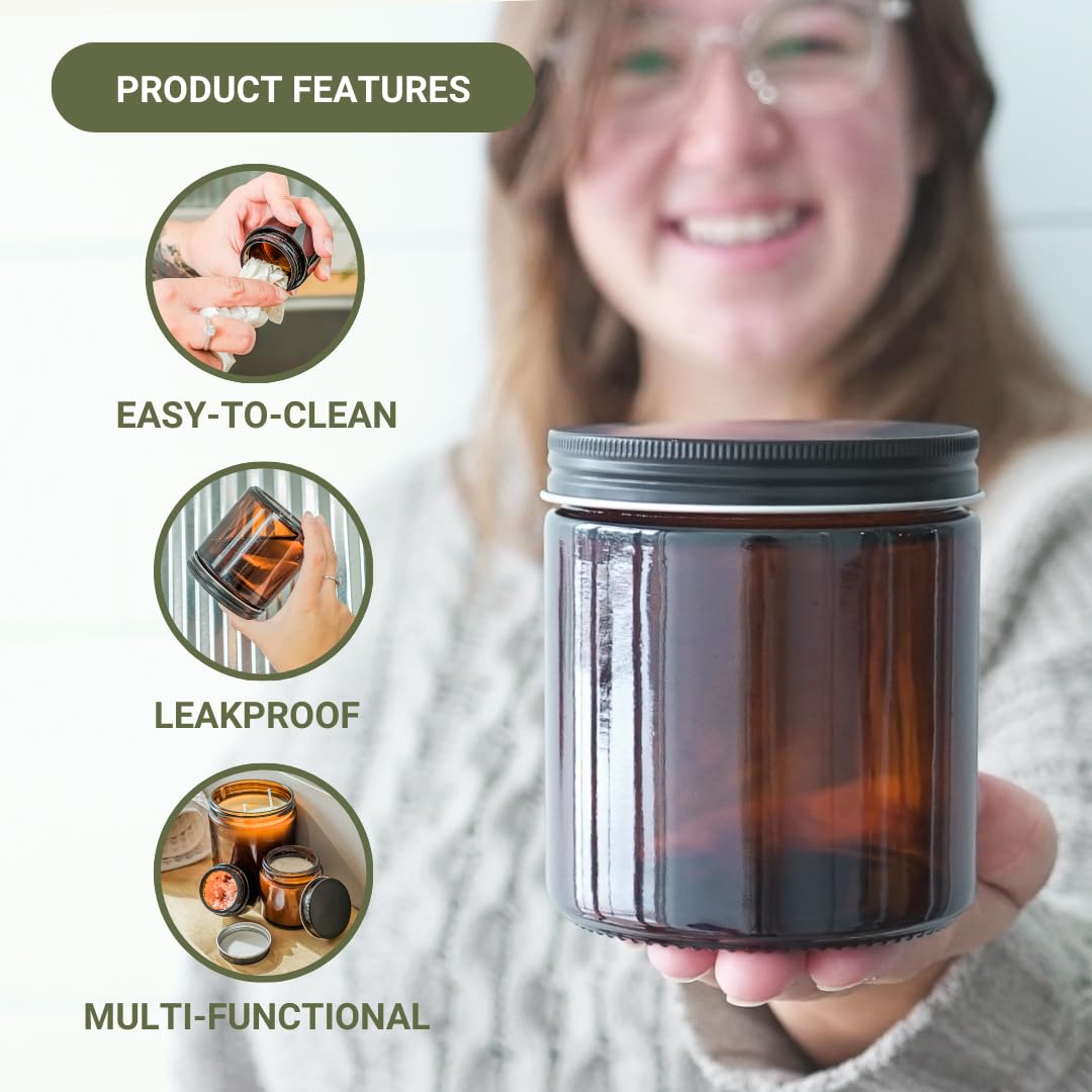 Nature Packaged Glass Amber 16oz Jar - 12 Packs, Lead-Free Empty Round Jars For Beauty Products, Lotion, and Powders - Black Lid - Small Candle Jars