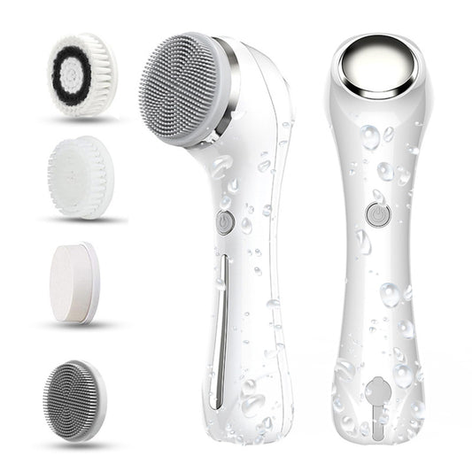 Facial Cleansing Brush, 2 in 1 Ｗaterproof IPx7 Facial Spin Scrubber Set with 4 Brush Heads, Rechargeable Exfoliating Face Brush Deep Cleansing, Gently Exfoliate and Remove Blackhead (White)