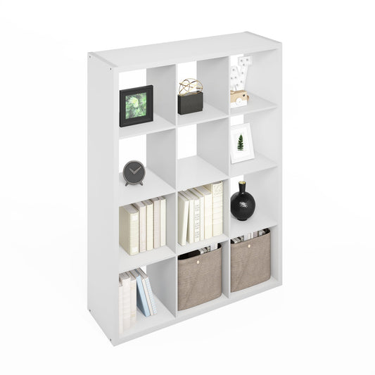 Furinno Simple Cube Storage Organizer, 12-Cube Display Shelf, Open Back Shelving Unit, Storage Shelves, Extra Thick Frame, for Organization and Storage, Living Room, Home Office, White