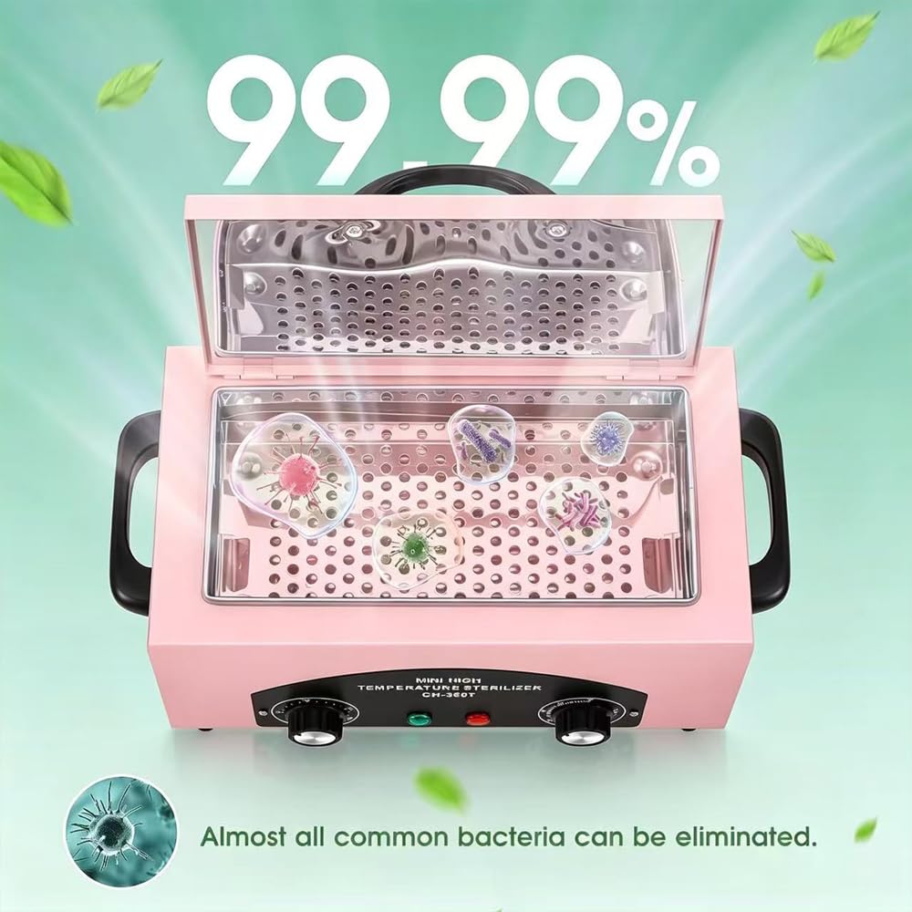 High Temperature Metal Cleaning Box,Misforu 1.5L Dry Heat Cabinet High Temp with Stainless Tray Timer and Handle for Nail Art Tool Salon Hairdressing Tool Earrings 300W (Pink)