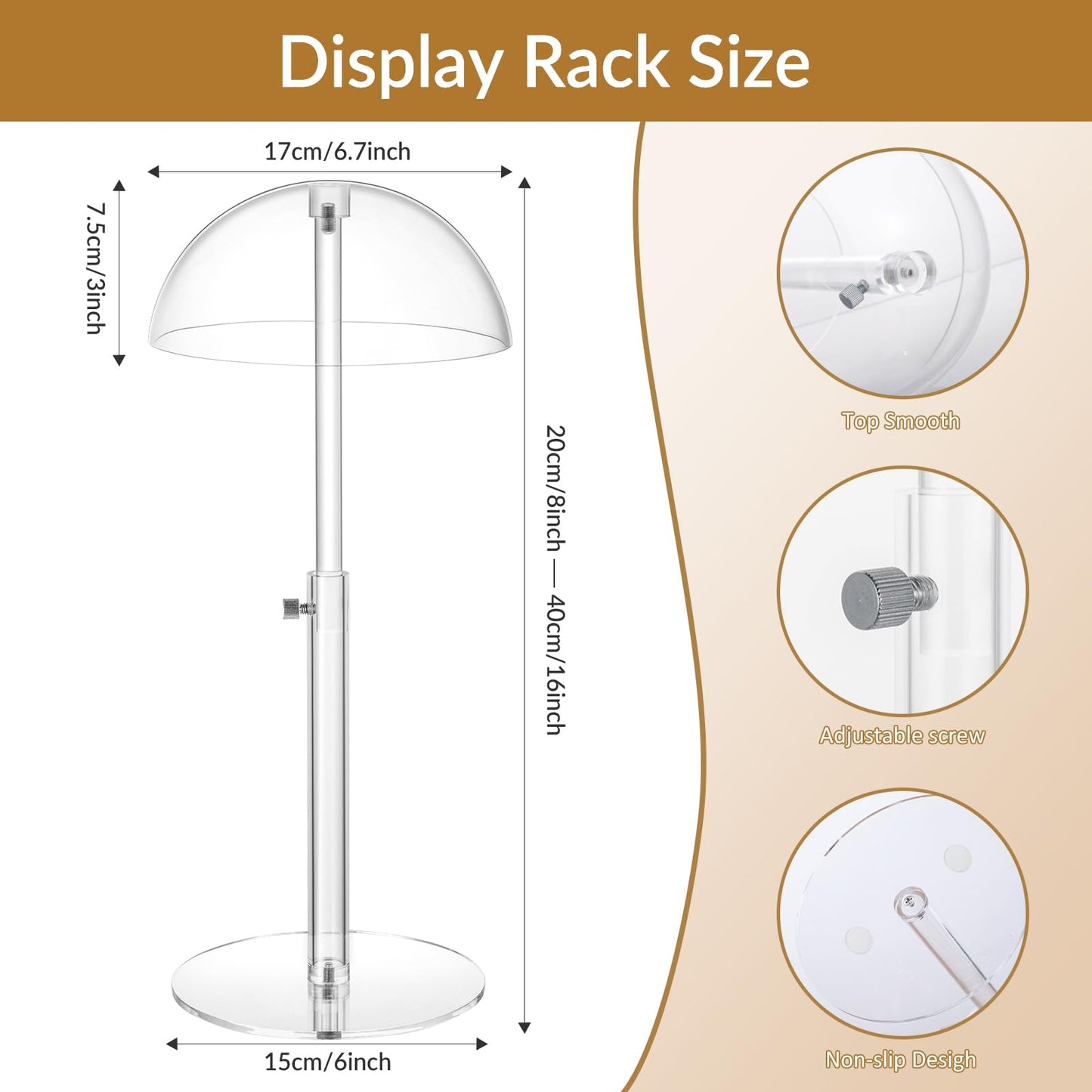 HONTUU Acrylic Hat Display Stand 8-16 inch Adjustable, Clear Domed Hat Stand Rack for Baseball Cap Cowboy, Wig Holder Stand Organizer for Dresser Closet Vendors (Adult styles, 1)