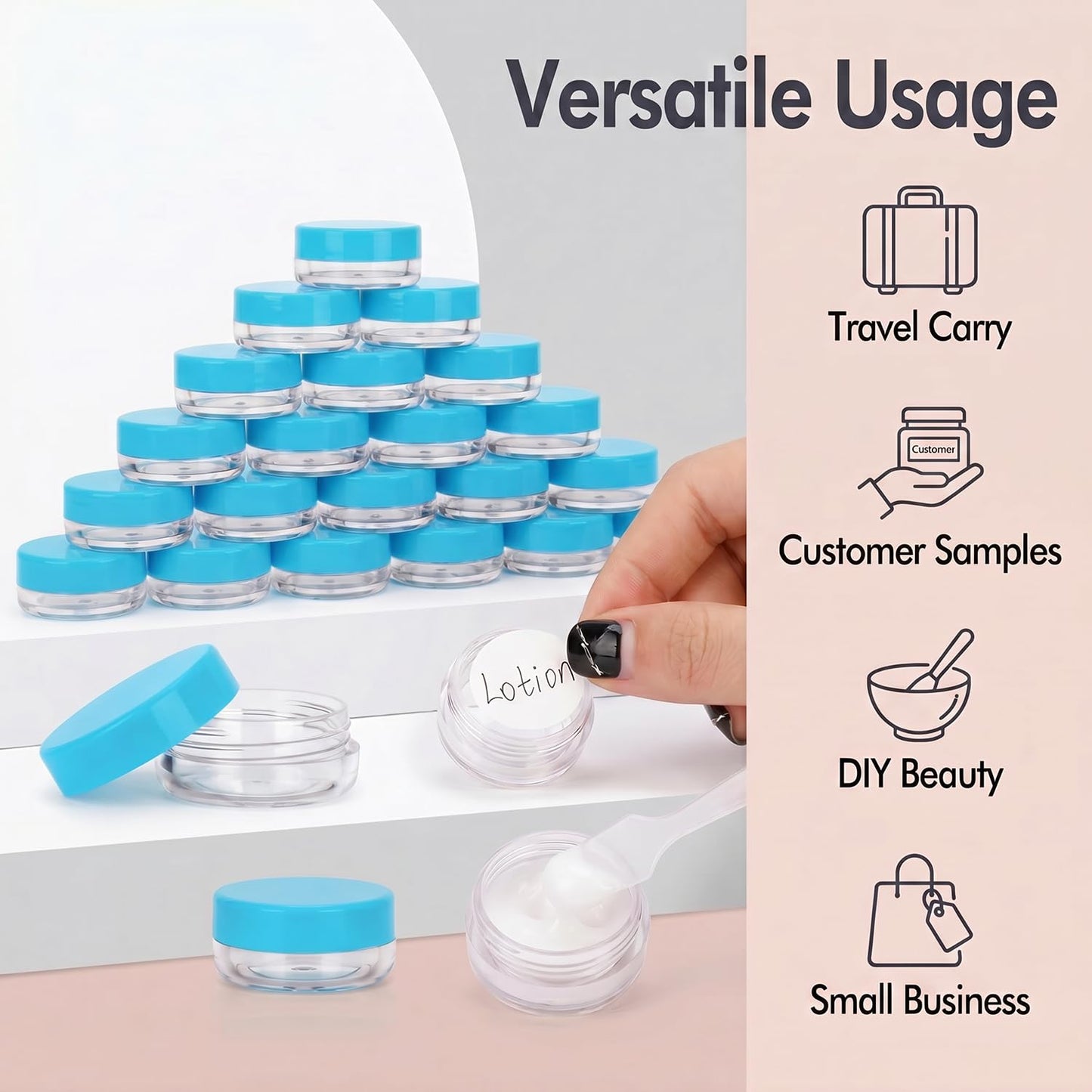 3 Gram Sample Containers with Lids, 100 Count Tiny Sample Jars, Empty Lip Balm Containers, Mini Cosmetic Container with Lids, Makeup Travel Container with Labels, Mini Disposable Spatulas