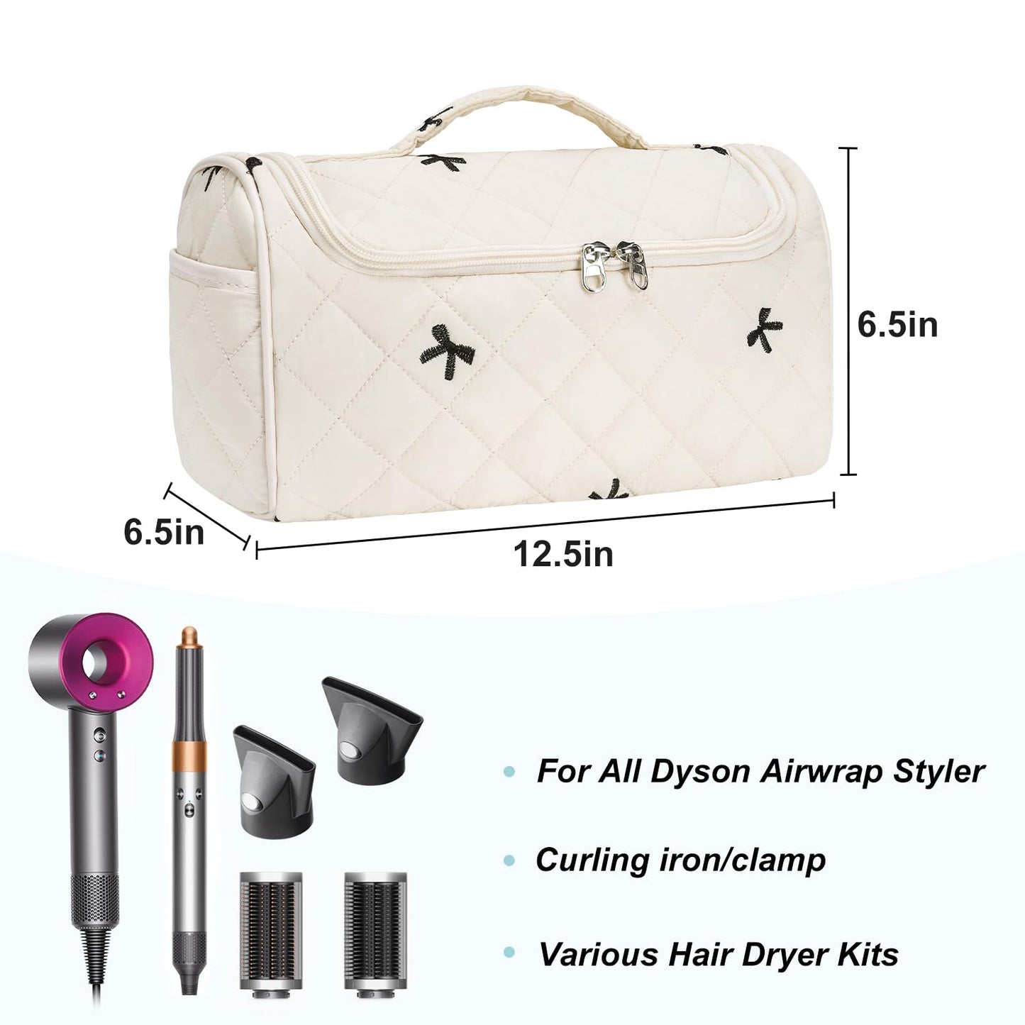 idoltimes Quilted Hair Tools Travel Bag, Cute Portable Organizer Case with Hanging Hook, Compatible with Dyson Airwrap Styler,Hair Curler Accessories