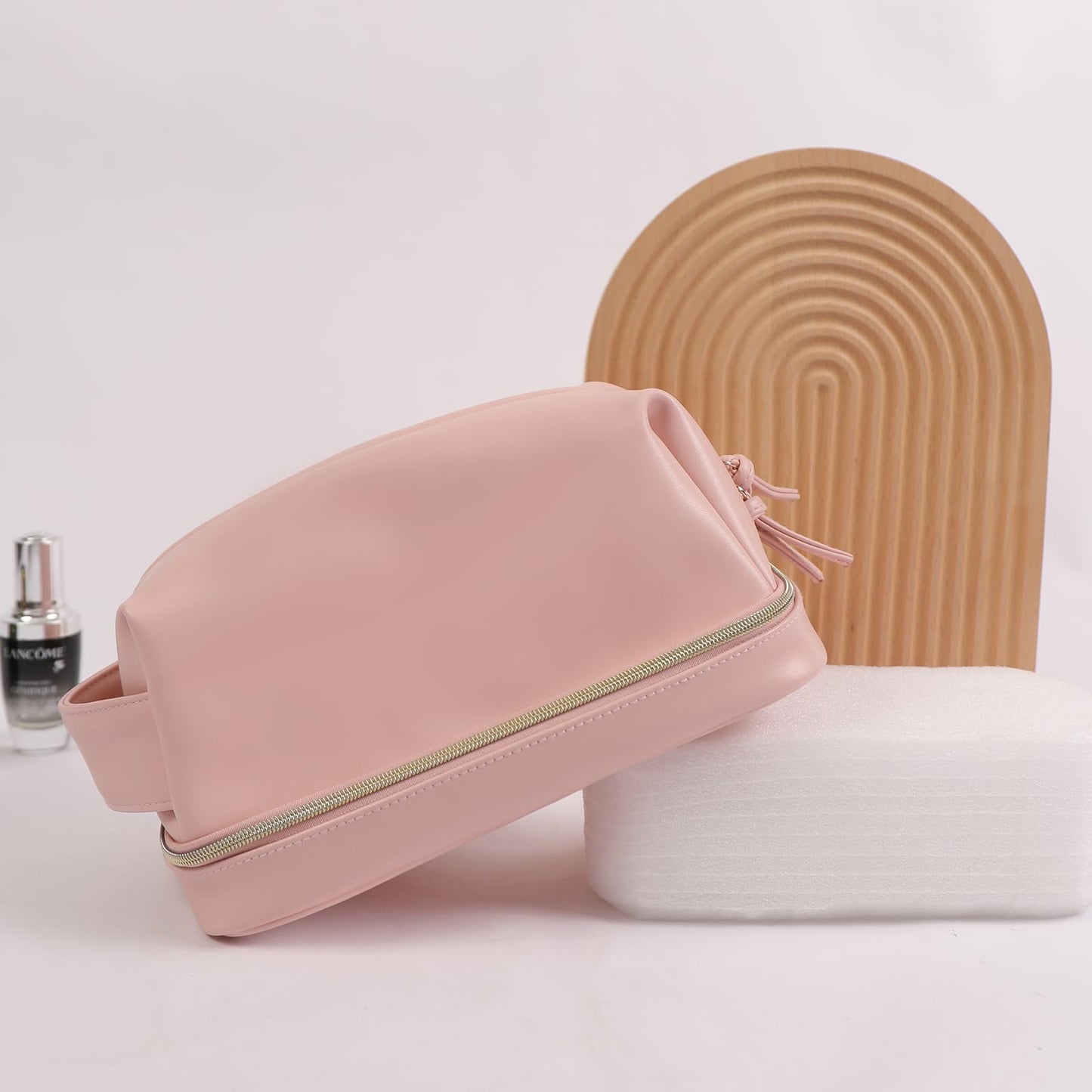 bagINBAG QIANPA Double Layer Makeup Bag, Large Waterproof Travel Bag with Handle and Brush Compartment for Women (Light Pink)