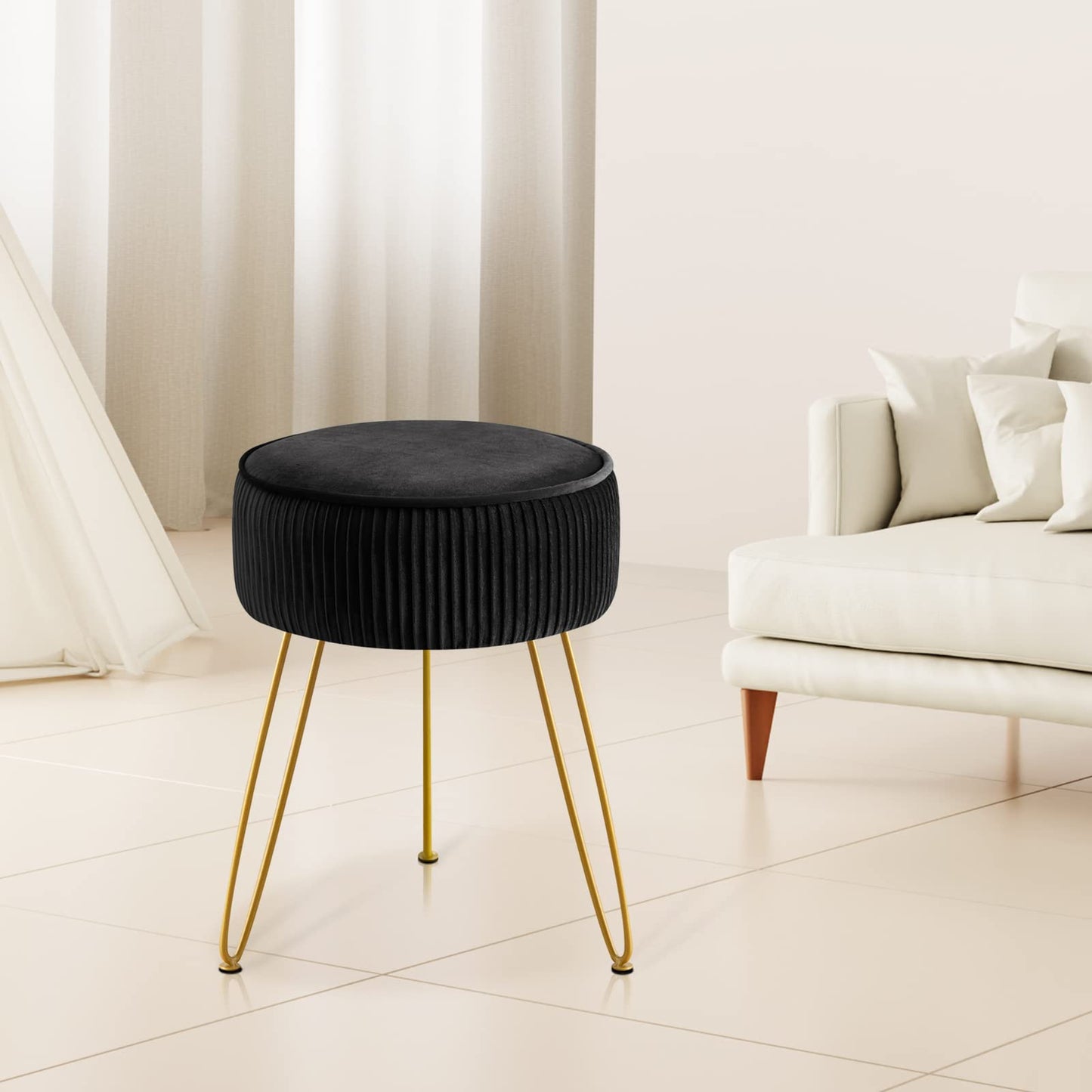 GERANT Multifunctional Vanity Stool,Modern Vanity Stools for Makeup Room,Velvet Round Ottoman Footrest Stool with Metal Legs, Upholstered Pleated Vanity Chair Stool for Living Room,Offices(Black)