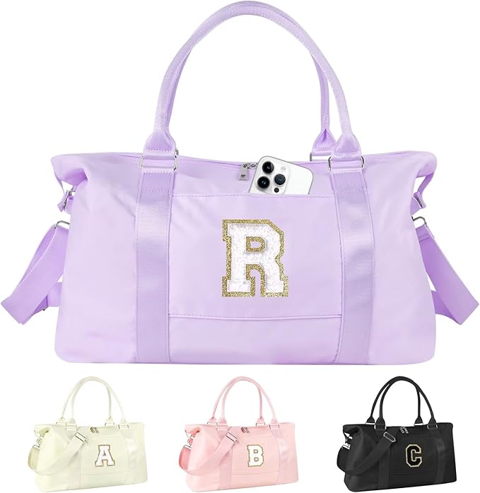 Dance Gym Duffel Bag for Teen Girls, Personalized Initial Travel Weekender Bag,Cute Overnight Carry On Duffle for Women,Sports Travel Cheer Bag,Monogram Christmas Gifts for Tween Preppy(purple-R)