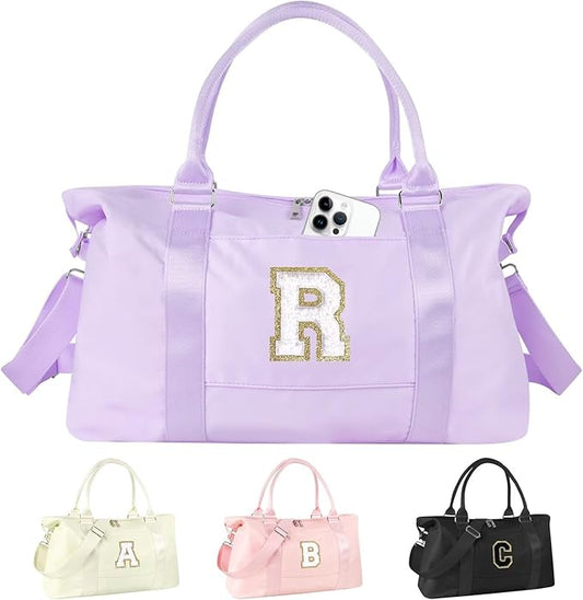 Dance Gym Duffel Bag for Teen Girls, Personalized Initial Travel Weekender Bag,Cute Overnight Carry On Duffle for Women,Sports Travel Cheer Bag,Monogram Christmas Gifts for Tween Preppy(purple-R)