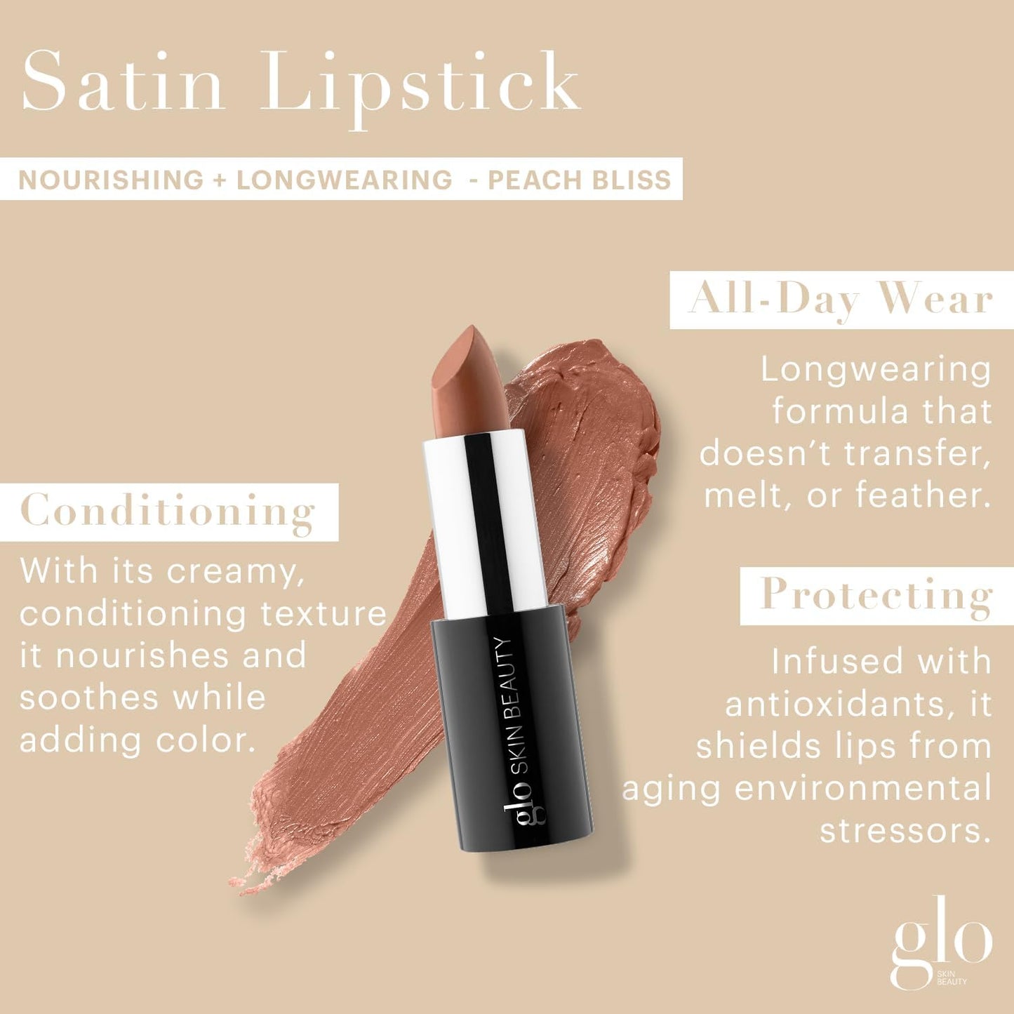 Glo Skin Beauty Satin Lipstick (Peach Bliss) | Nourishing Longwearing Lip Stick Packed with Skincare Benefits