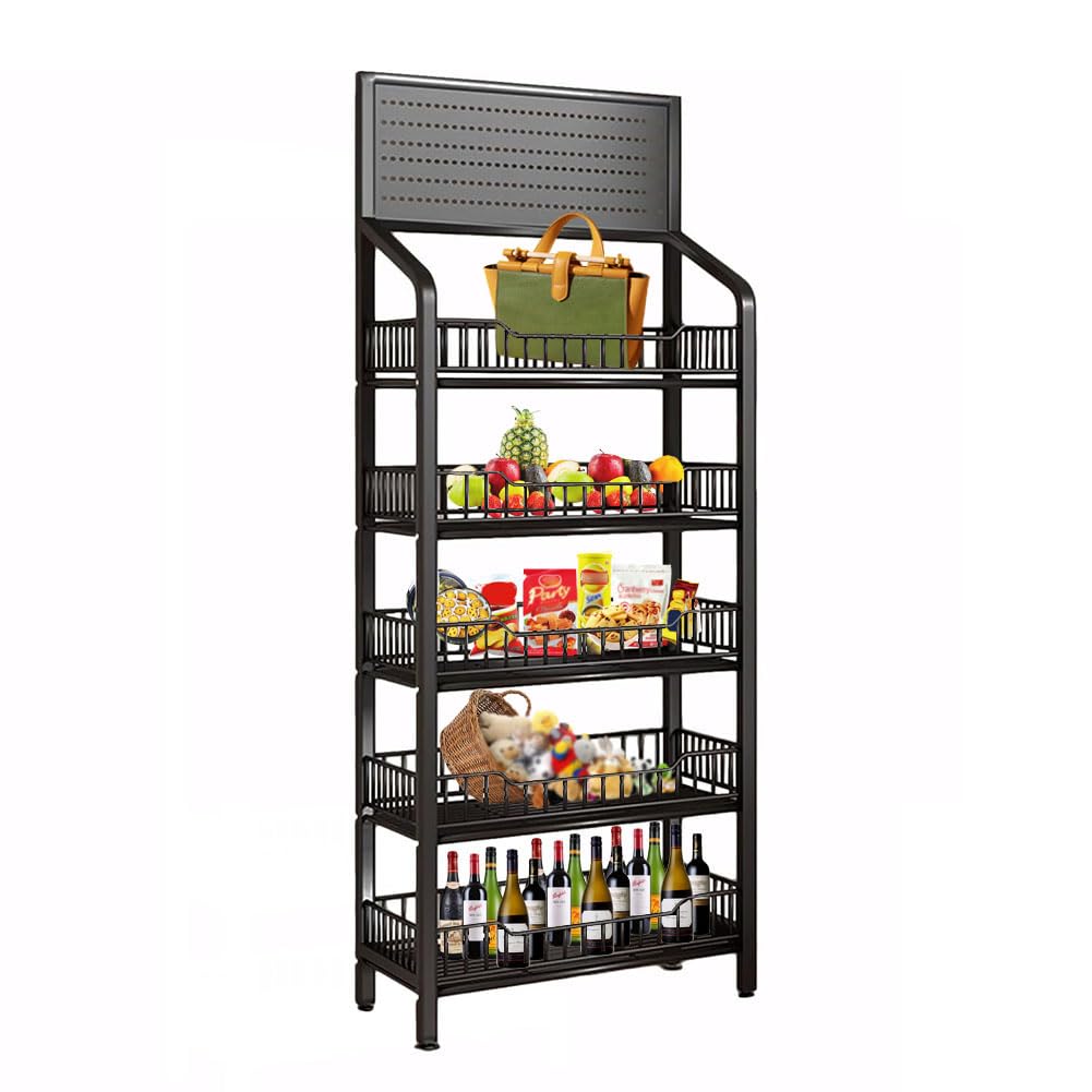 CDDUOLA 5 Tier Retail Display Rack, Snack Organizer Stand With Wheels & Hooks, Candy Potato Chip Metal Wire Display Shelf Cart for Supermarket and Home Kitchen, Black