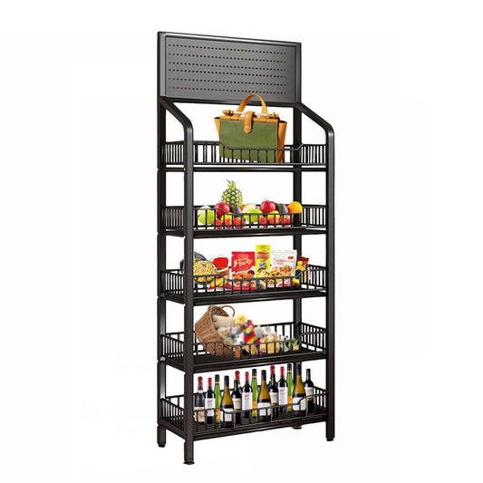 CDDUOLA 5 Tier Retail Display Rack, Snack Organizer Stand With Wheels & Hooks, Candy Potato Chip Metal Wire Display Shelf Cart for Supermarket and Home Kitchen, Black