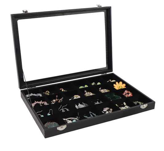 Wudygirl Earring Organizer 24 Grid Jewelry Organizer with Glass Lid Adjustable Jewelry Box Jewelry Display for Rings Necklace Bracelet Earrings Storage（Black 24 Grid）