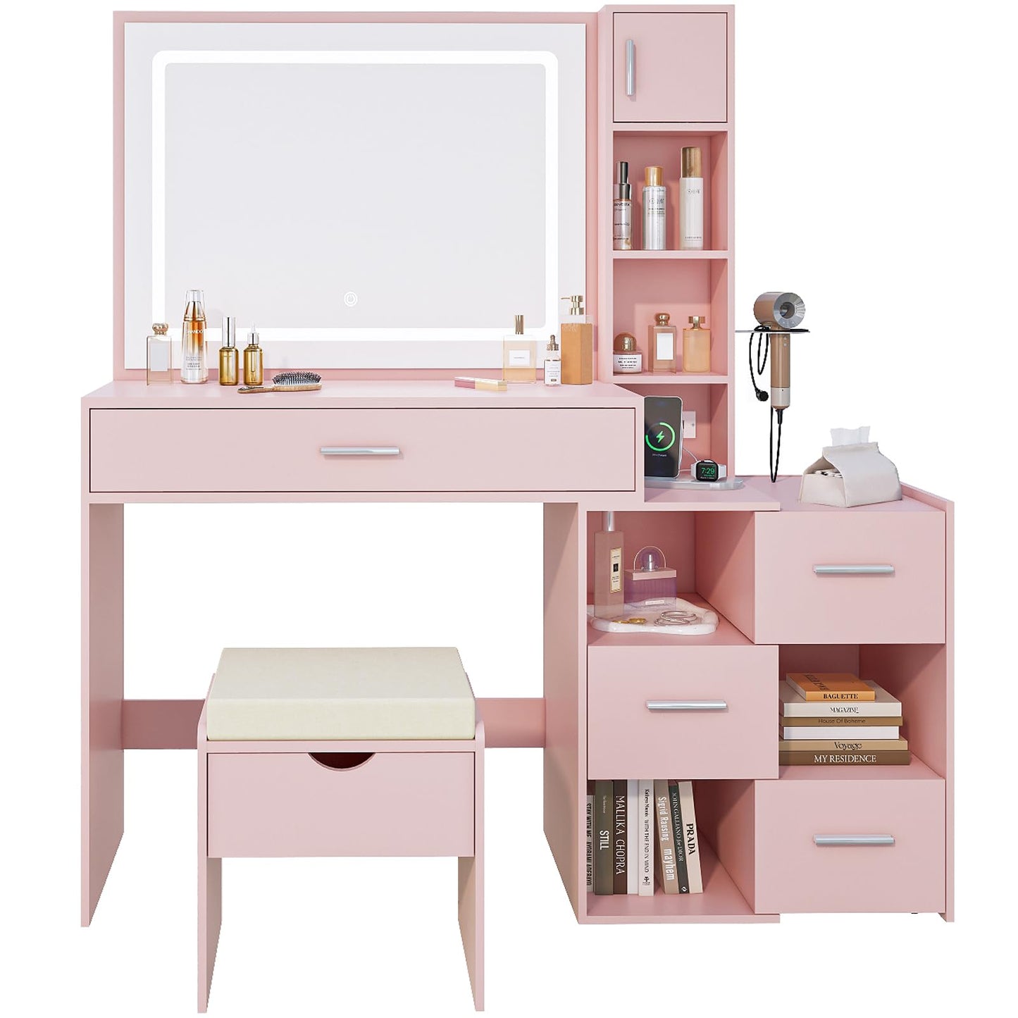 Vanity Desk with LED Lighted Mirror, Sliding Side Cabinet with Expandable Storage, Makeup Table with Drawers & Shelves, Built-in Power Outlet, Vanity Set with Storage Stool for Bedroom (Pink)