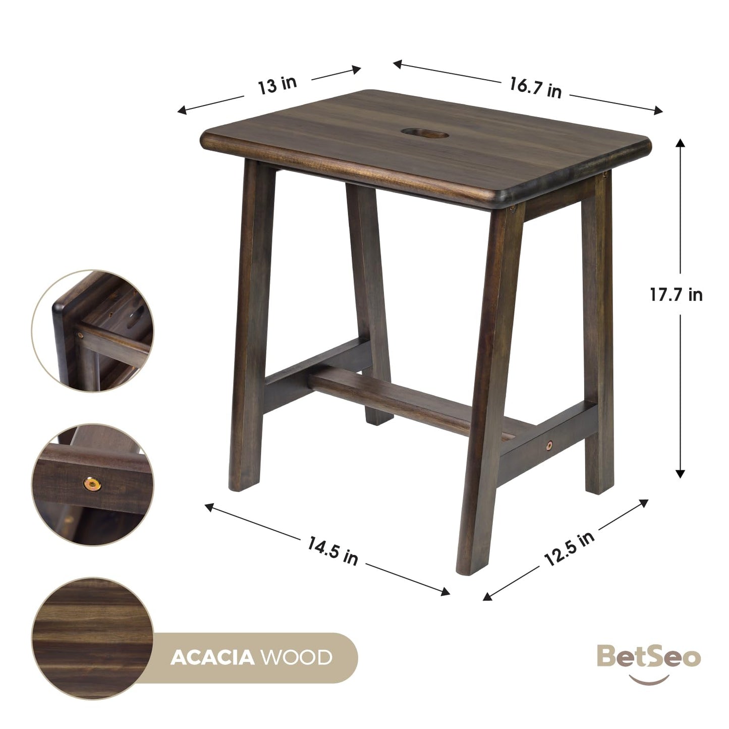 Acacia Wood Stool - Rectangular (16.7" D x 13" W x 17.7" H) - Small Bench Seat, End Table, Bathroom, Plant, Makeup Stool - Walnut Color