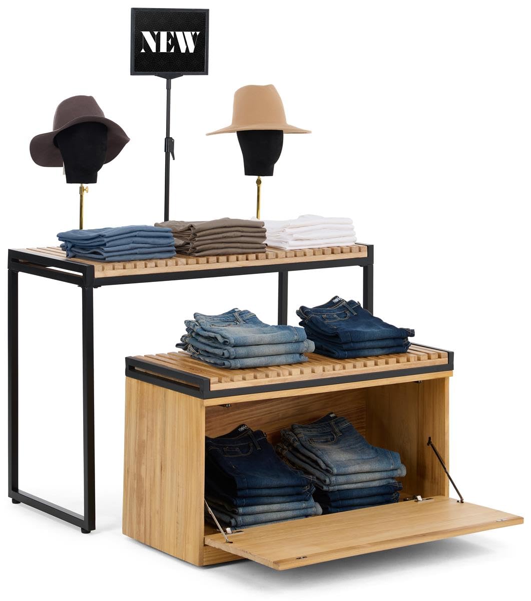 Displays2go Retail Display Nesting Tables, Rectangular, Slatted Pine Wood- Natural Finish (SMWMNTSTORN)