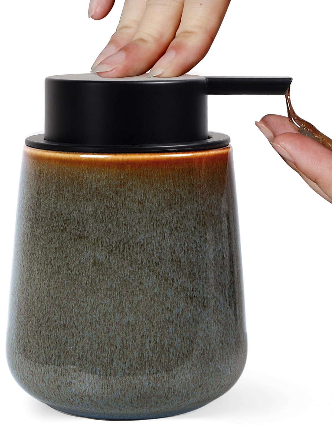 INGOFIN Ceramic Lotion Dispenser - 12 oz Refillable Hand Soap Dispenser Bathroom, Modern Liquid Dispenser with Pump, Dish Soap Dispenser for Kitchen,Kiln-Glazed Green