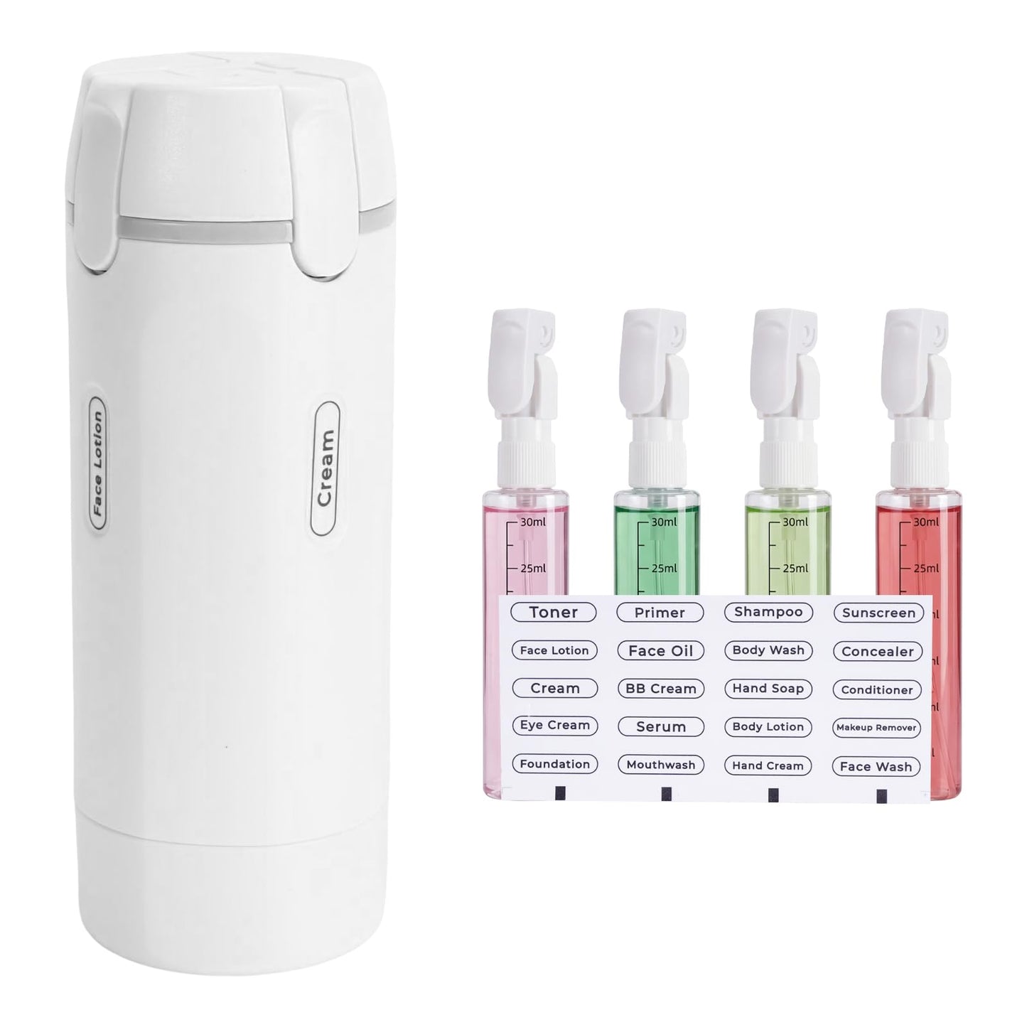 4 in 1 Travel Dispenser Bottle, 4 Pack 30ML Pump Bottle for Toiletries Leak Proof Travel Size Containers, Portable Containers for Shampoo Lotion Conditioner Cream (White)