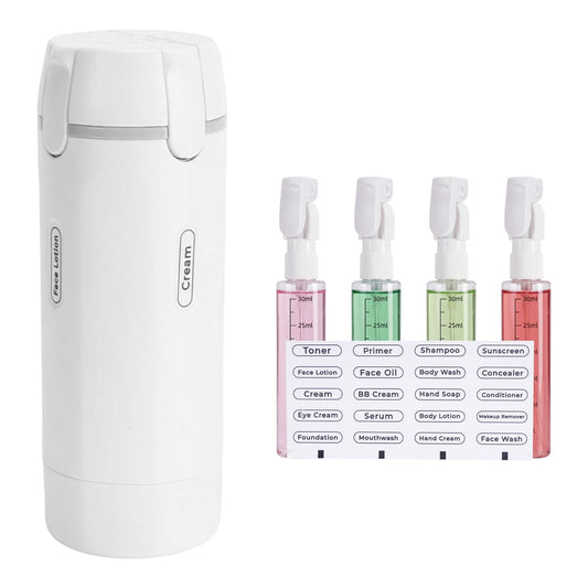 4 in 1 Travel Dispenser Bottle, 4 Pack 30ML Pump Bottle for Toiletries Leak Proof Travel Size Containers, Portable Containers for Shampoo Lotion Conditioner Cream (White)