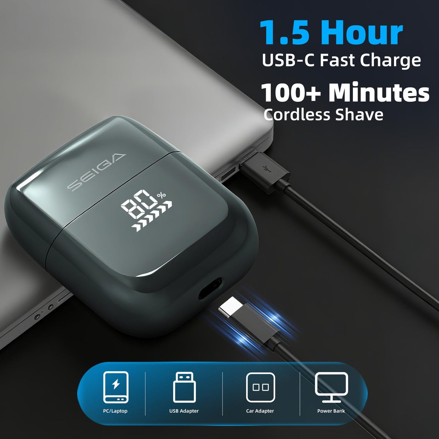 SEIGA Mini Electric Foil Shaver for Men,Portable Travel Razor,3 Floating Blades,IPX7 Waterproof Wet & Dry Shaving,USB-C Rechargeable,LED Display,Travel Lock-Ideal Gifts for Men