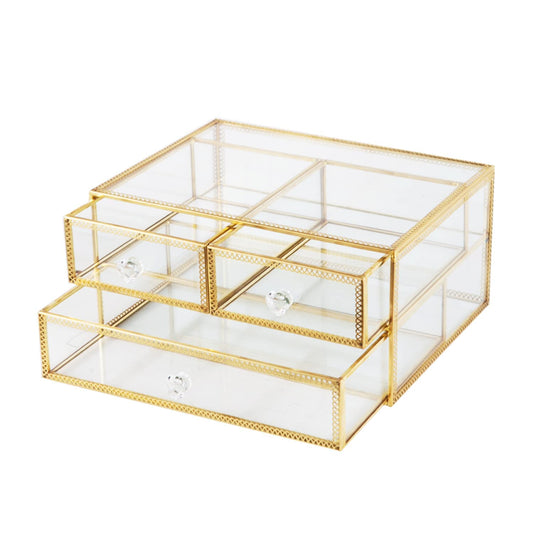 Vellon Gold Glass Box Makeup Organizer, Glass Jewelry Drawer, Vintage Jewel Organizer, Desktop Cosmetic Storage, Makeup Container, Keepsake Case with Golden Lace Decoration, 2 Tiers