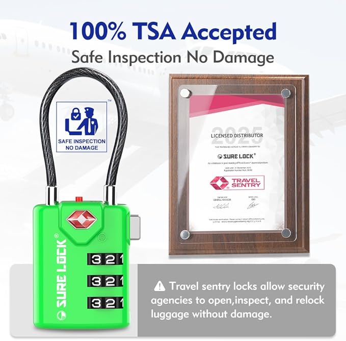 SURE LOCK TSA Compatible Travel Luggage Locks, Inspection Indicator, Easy Read Dials TSA Approved with Zinc Alloy