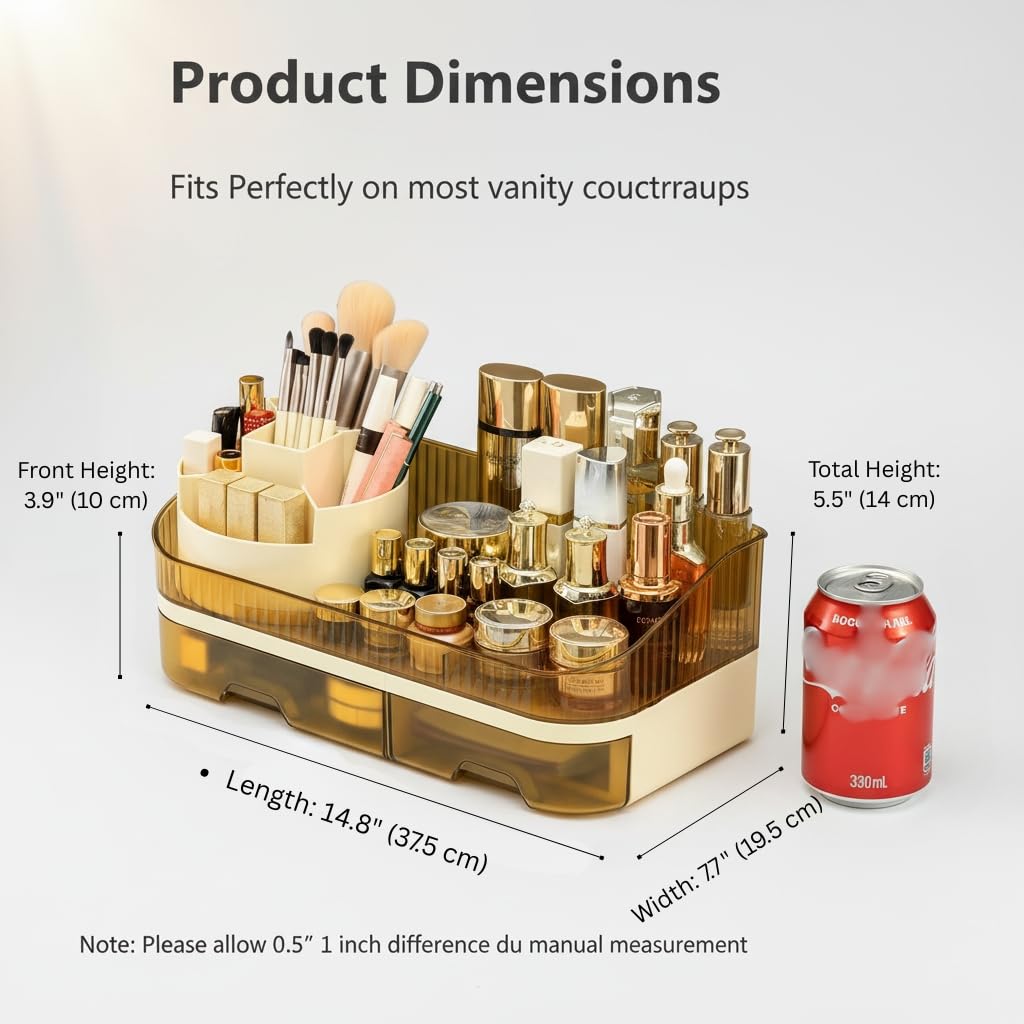 Tidyladyo Makeup Organizer Countertop with Dual Drawers, Large Capacity Cosmetic Storage for Vanity Bathroom Skincare, 360° Rotating Makeup Brush Holder