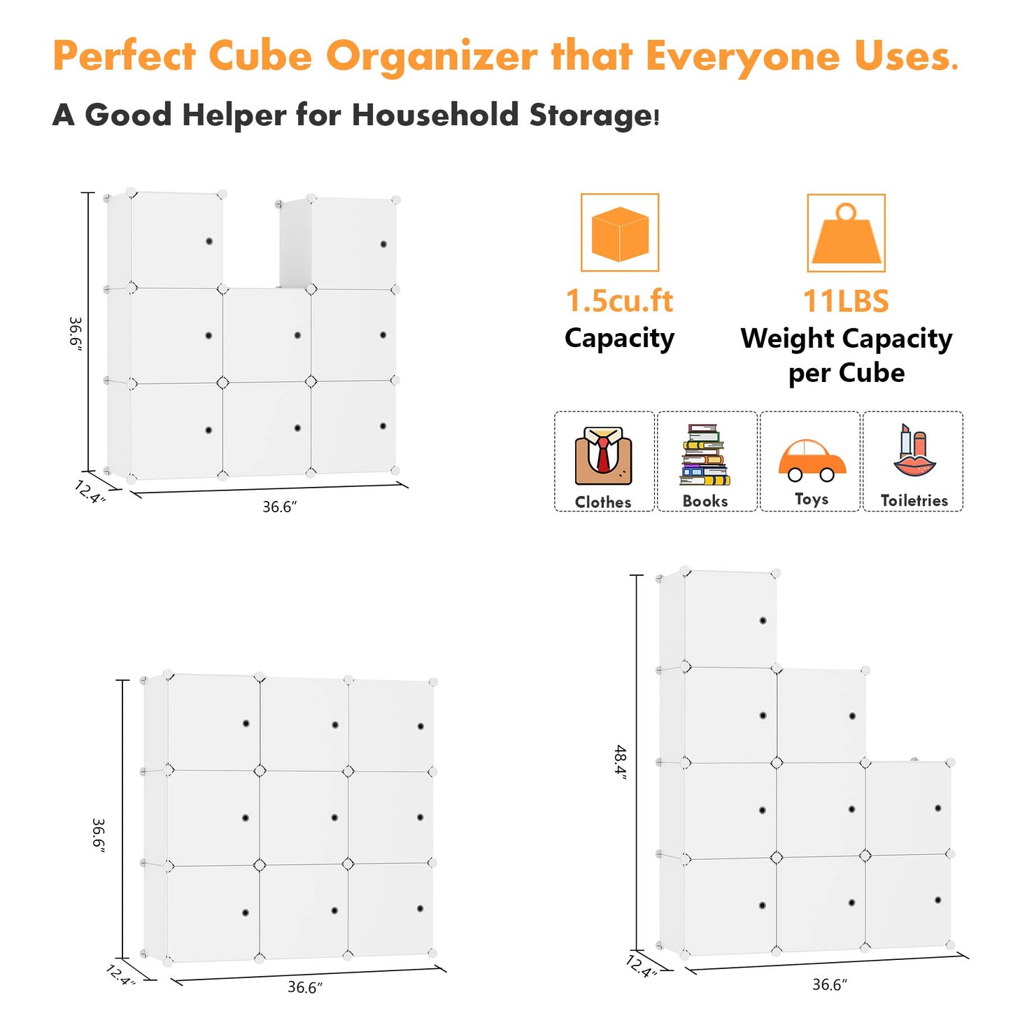 C&AHOME Cube Storage Organizer with Doors, 9-Cube Shelf, Closet Cabinet, DIY Plastic Modular Bookshelf, Storage Shelves Ideal for Bedroom,Living Room,36.6”L x 12.4”W x 36.6”H Milky USHS3009M-DOOR