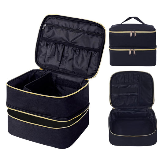TANPADUAJI Double Layer Makeup Bag Portable Large Cosmetic Case Organizer with Adjustable Dividers Storage Travel Bag for Accessories Brushes Conditioner and Skin Care Products (Black)