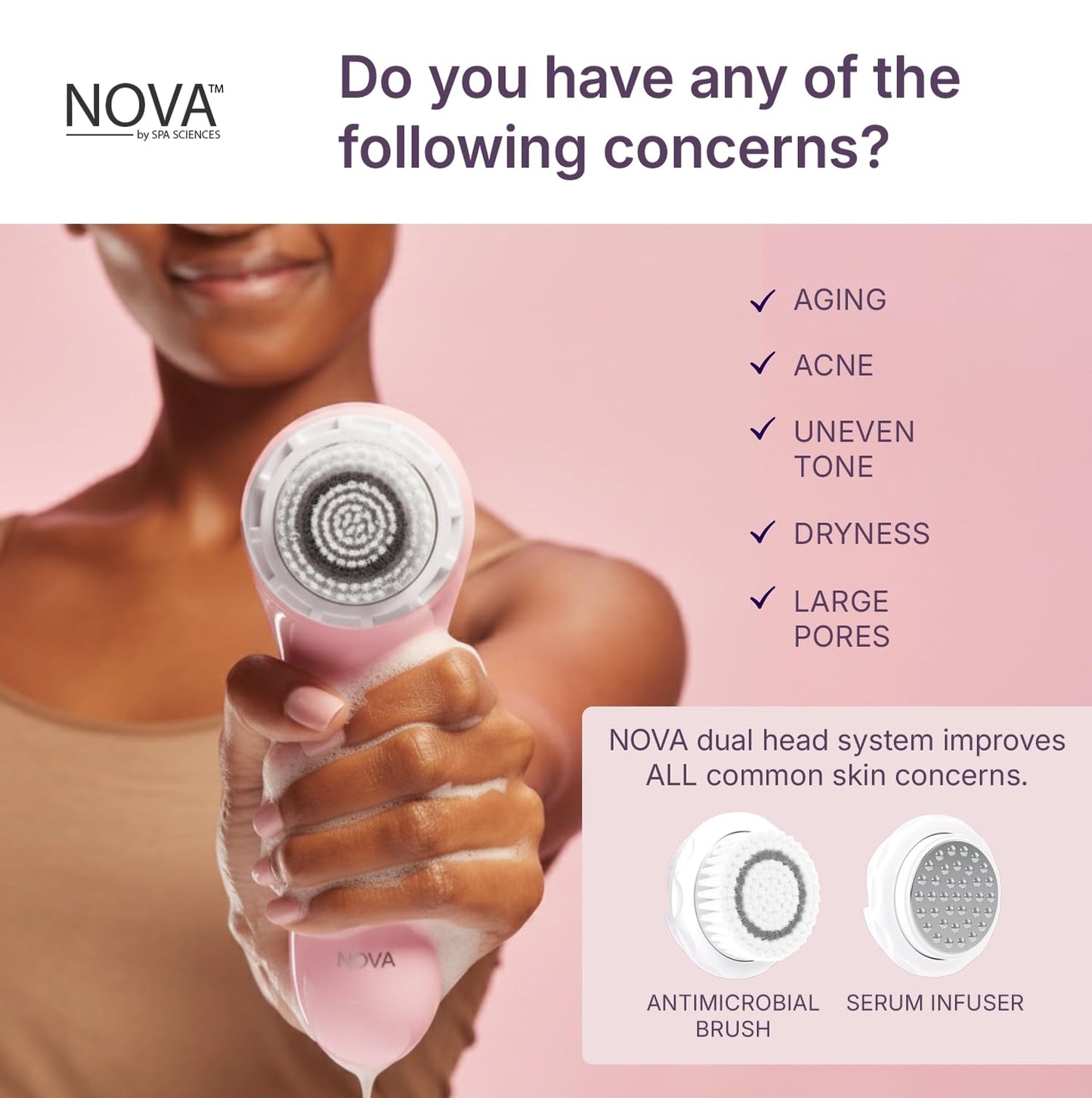Spa Sciences - NOVA - Sonic Cleansing Brush with Bristles & Infusion System – Anti-Aging Facial Exfoliating, Waterproof, and USB Rechargeable