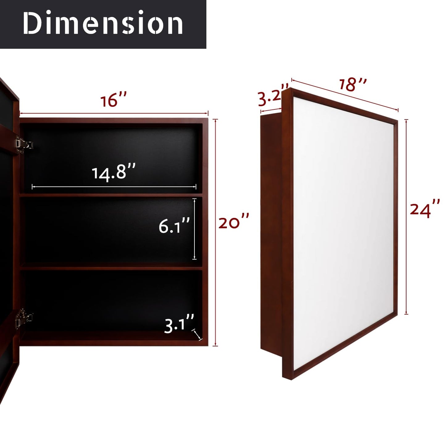 Tacomany Wood Framed Medicine Cabinet Organizer with Mirror, Surface Mounting or in-wall Installation (Brown, 18x24)