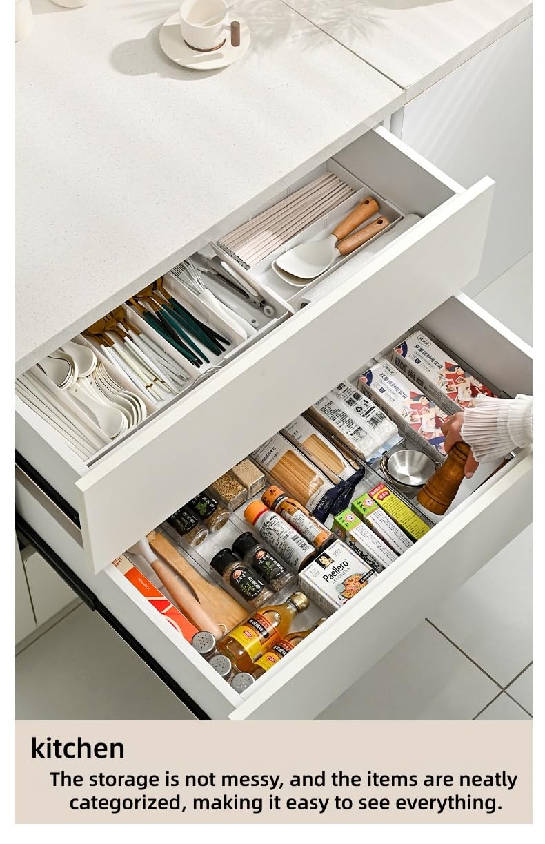 9 Compartments 4-Way Expansion Drawer Storage Box - Removable Divider for Space Saving and Organization for Cosmetics, Kitchen Utensils and Office Desk Essentials