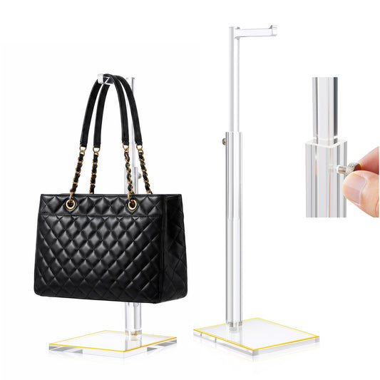 Perposnow Adjustable Purse Display Stands, 2Pcs 14"-24" Height Acrylic Handbag Holder, Durable Evening Bag Rack with Gold Trim Base, Clear Single Hook Purse Stand for Retail Boutique Vendor Closet