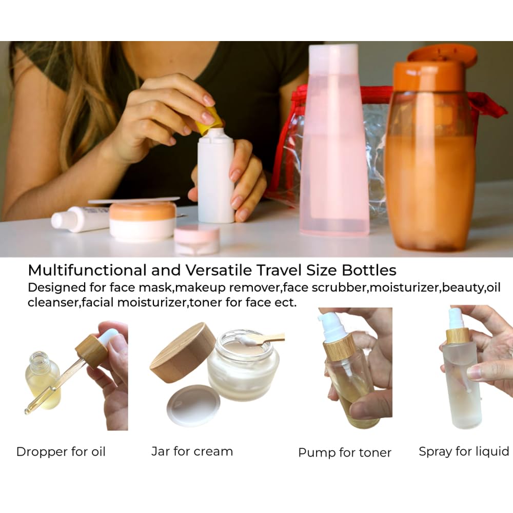 BEECO GIF2U Empty Refillable Frosted Glass Cosmetic Containers with Bamboo Cover - 5 Pack, Spray Bottle, Lotion Pump, Dropper, Roller and Cream Jar for Cosmetic Storage with Tray