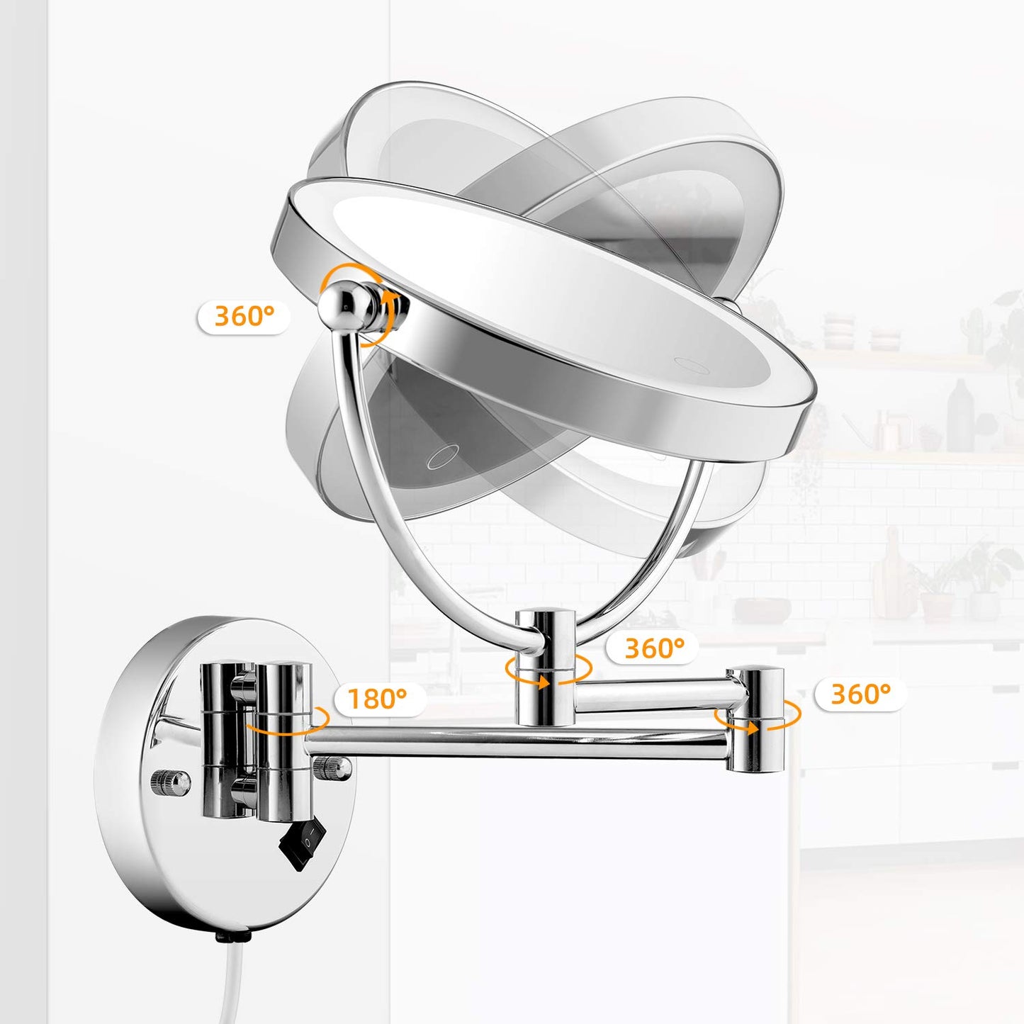8" Wall Mounted Lighted Makeup Mirror, Double-Sided 1X/5X Magnifying Vanity Mirror with 3 Color LED Lights, Stepless Dimming Touch Control, 360° Swivel & Extendable Arm, Plug-in Powered, Chrome