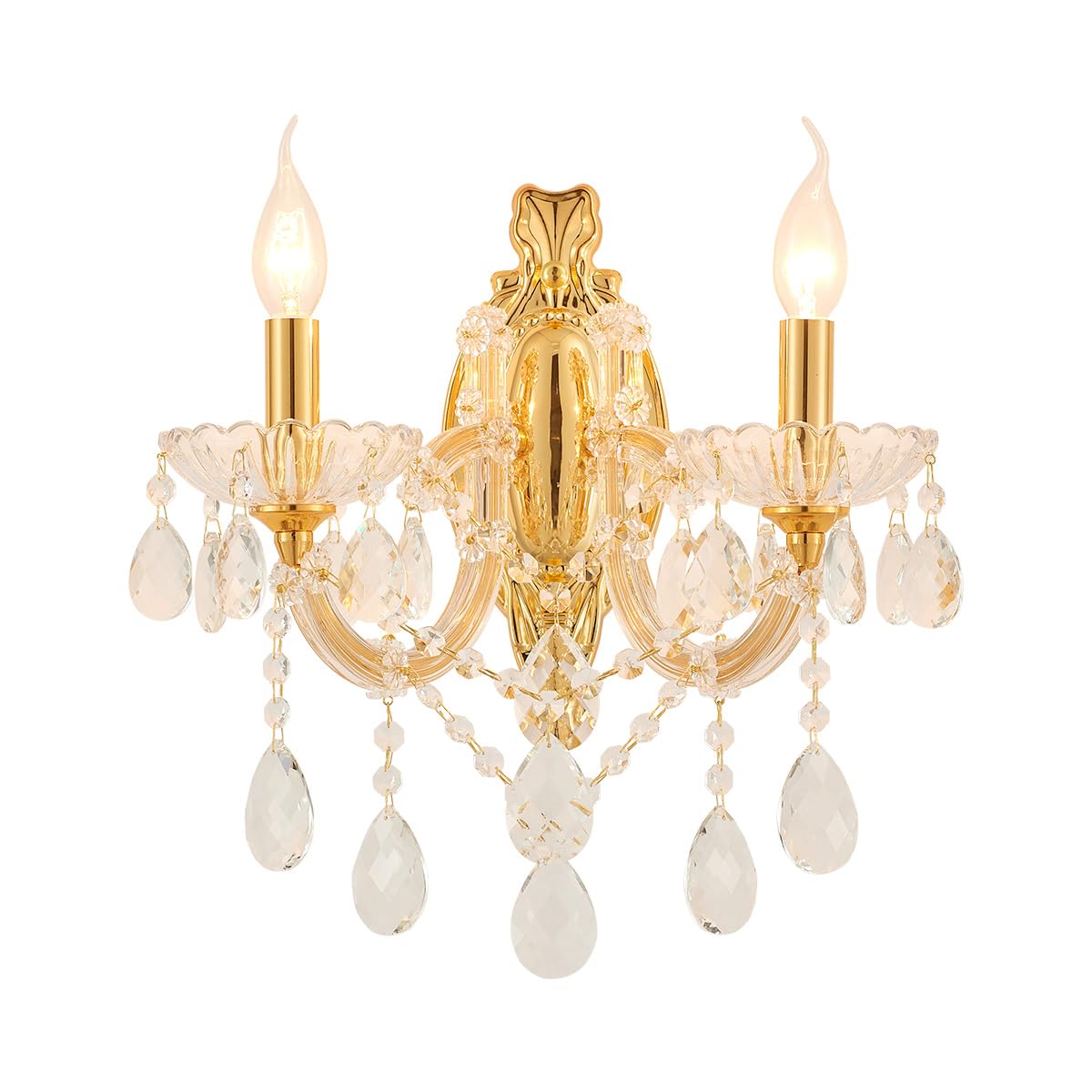 YLONG-ZS Gold Traditional Crystal Wall Sconce, 2-Light Candle Style Vanity Lamp, Ornate Metal Frame with Glass Trim Strips, Hardwired Vintage Fixture for Bathroom Bedroom, E12 Base