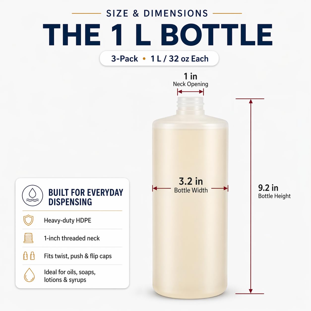 Bar5F 33.8oz 3-Pack Large HDPE Plastic Bottles with 9 Caps in 3 Styles | Pump, Squeeze, Squirt | Shampoo, Conditioner, Condiments, Ketchup, Bleach, Cleaners, Alcohol, Food Safe | BPA-Free, 1 Liter