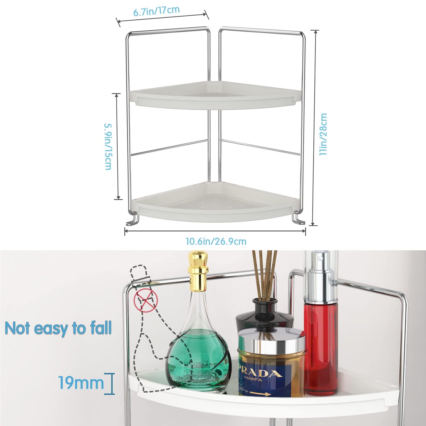 Sekepingo 2-Tier Corner Bathroom Sink Countertop Organizer-Vanity Tray Cosmetic & Makeup Storage-Kitchen Spice Rack Standing Shelf,Perfect Storage Shelf for Bathroom,Bedroom,Kitchen,Vanity,Silver