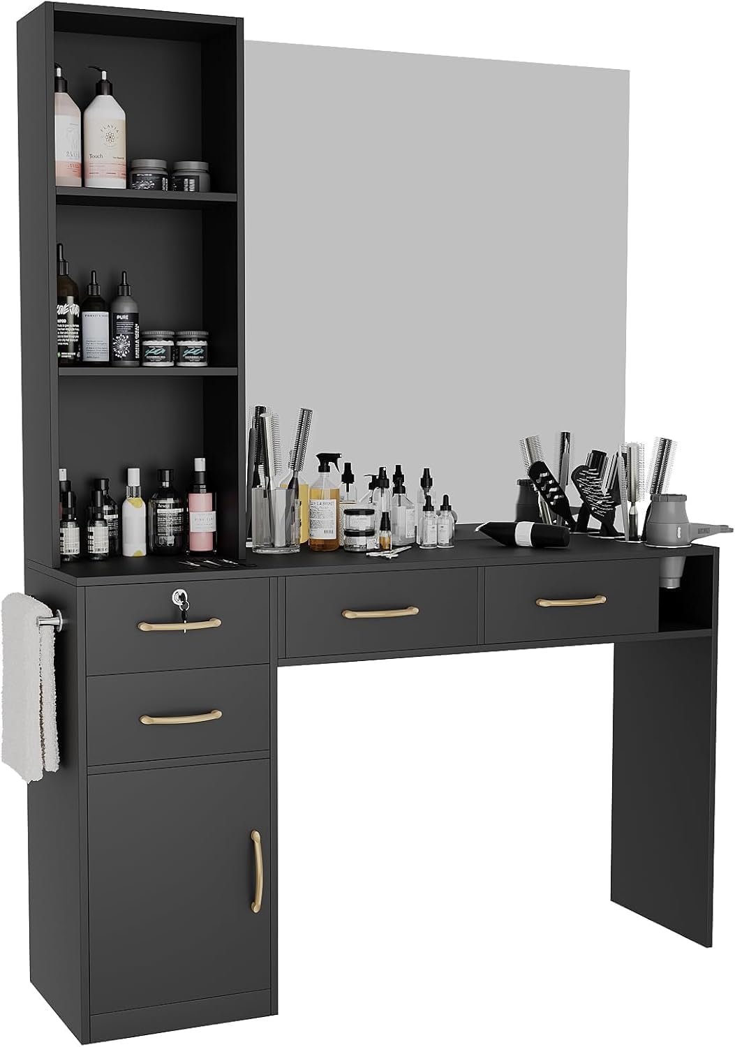 Barber Station for Hair Stylist – Salon Station with 4 Drawers (One Lockable), 1 Cabinet & Blow Dryer Holder, Modern Hair Station Barber Desk & Table for Beauty Spa or Estacion de Barberia(No Mirror)