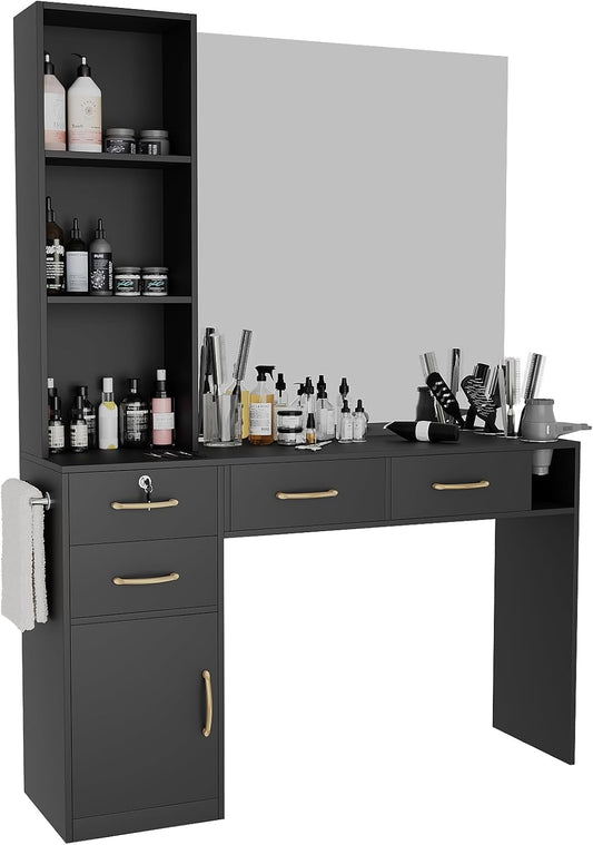 GOFEI Black Professional Salon Station with 4 Drawers & Blow Dryer Holder – Multi-Functional Barber Workstation & Vanity Cabinet for Hair Salons, Spas, and Beauty Studios (No Mirror)